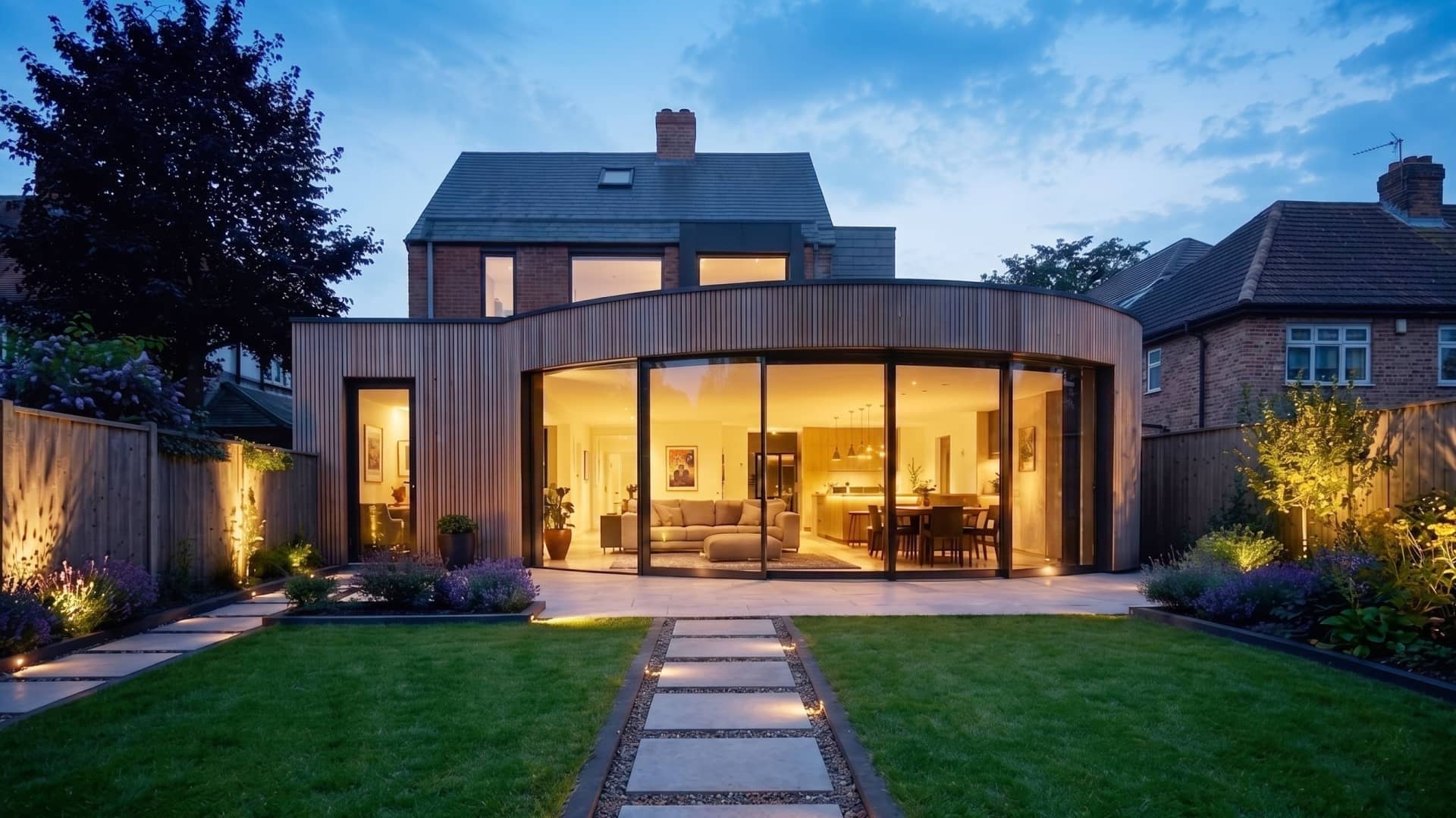 Modern glass-walled home illuminated at dusk with a landscaped garden