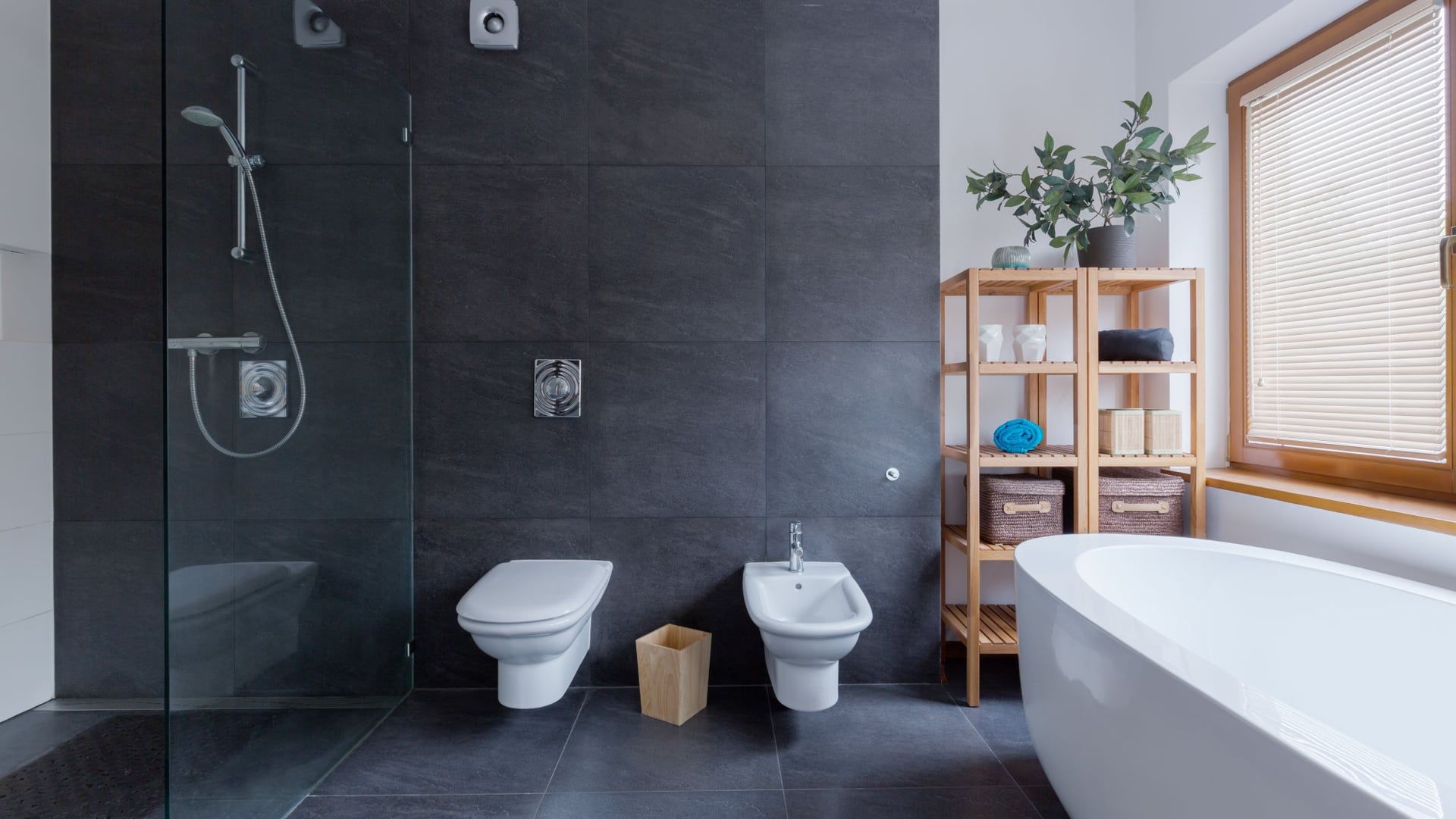 Luxury marble bathroom with freestanding tub and walk-in shower